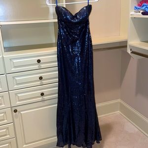 Navy blue sequin strapless dress with train